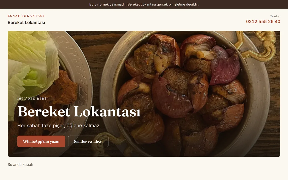 Bereket Lokantası konsept sitesinin açılış ekranı
