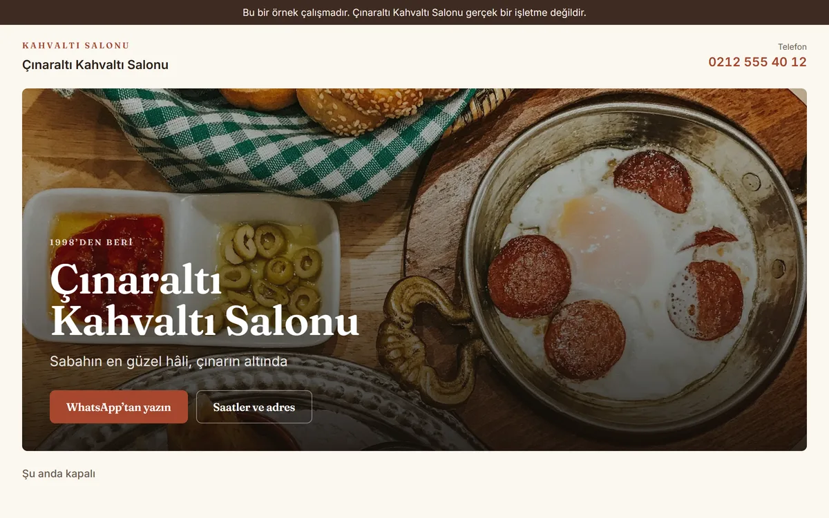 Çınaraltı Kahvaltı Salonu konsept sitesinin açılış ekranı
