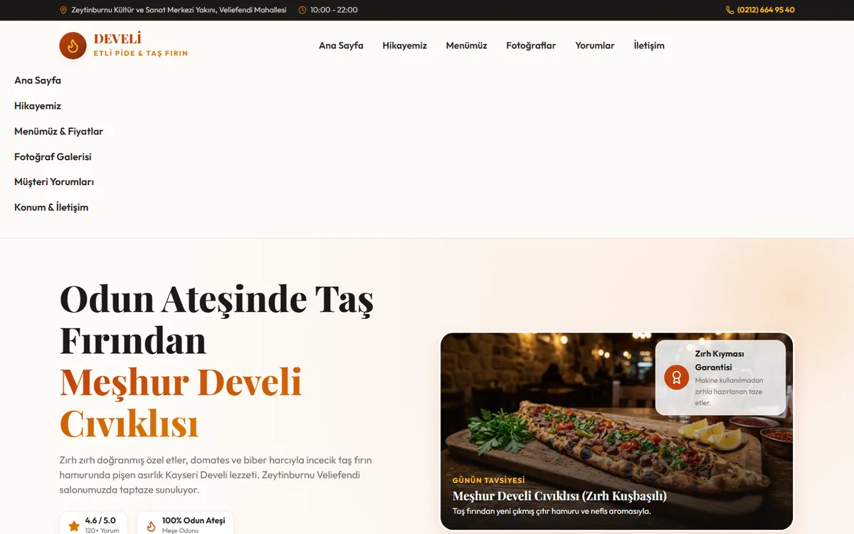 Develi Etli Pide konsept sitesinin açılış ekranı