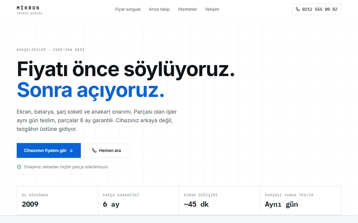 Mikron Teknik Servis konsept sitesinin fiyat sorgulama ekranı