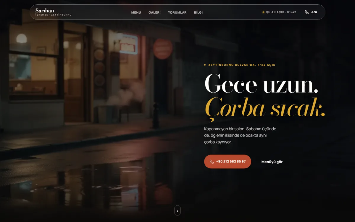 Sarıhan İşkembe sinematik konsept sitesinin açılış ekranı