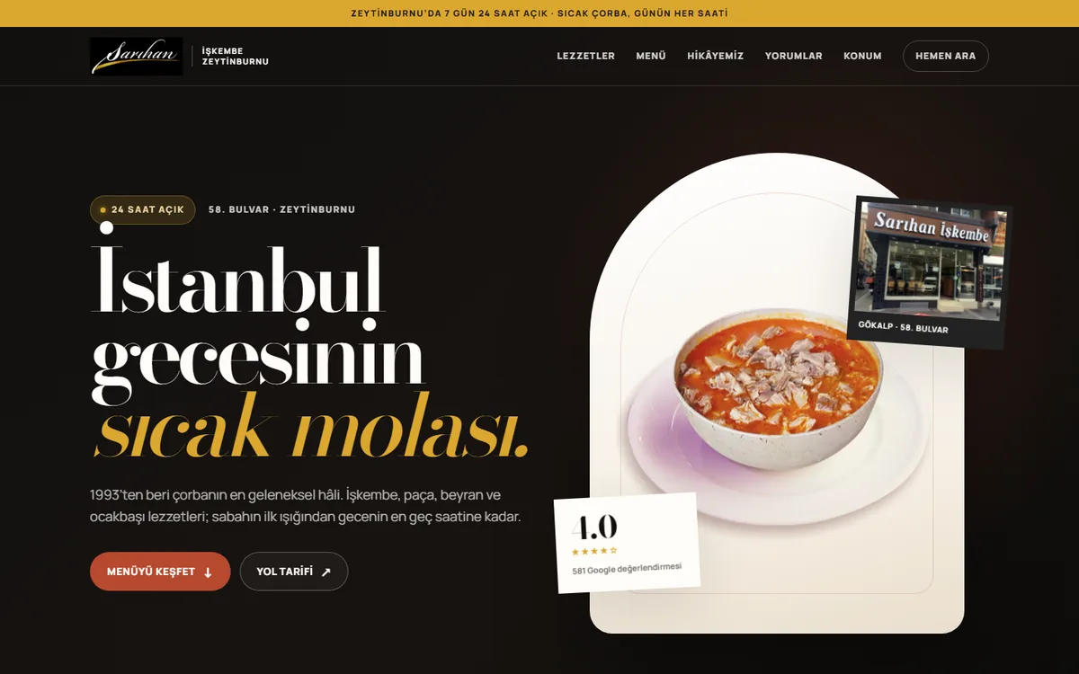Sarıhan İşkembe Zeytinburnu konsept sitesinin açılış ekranı