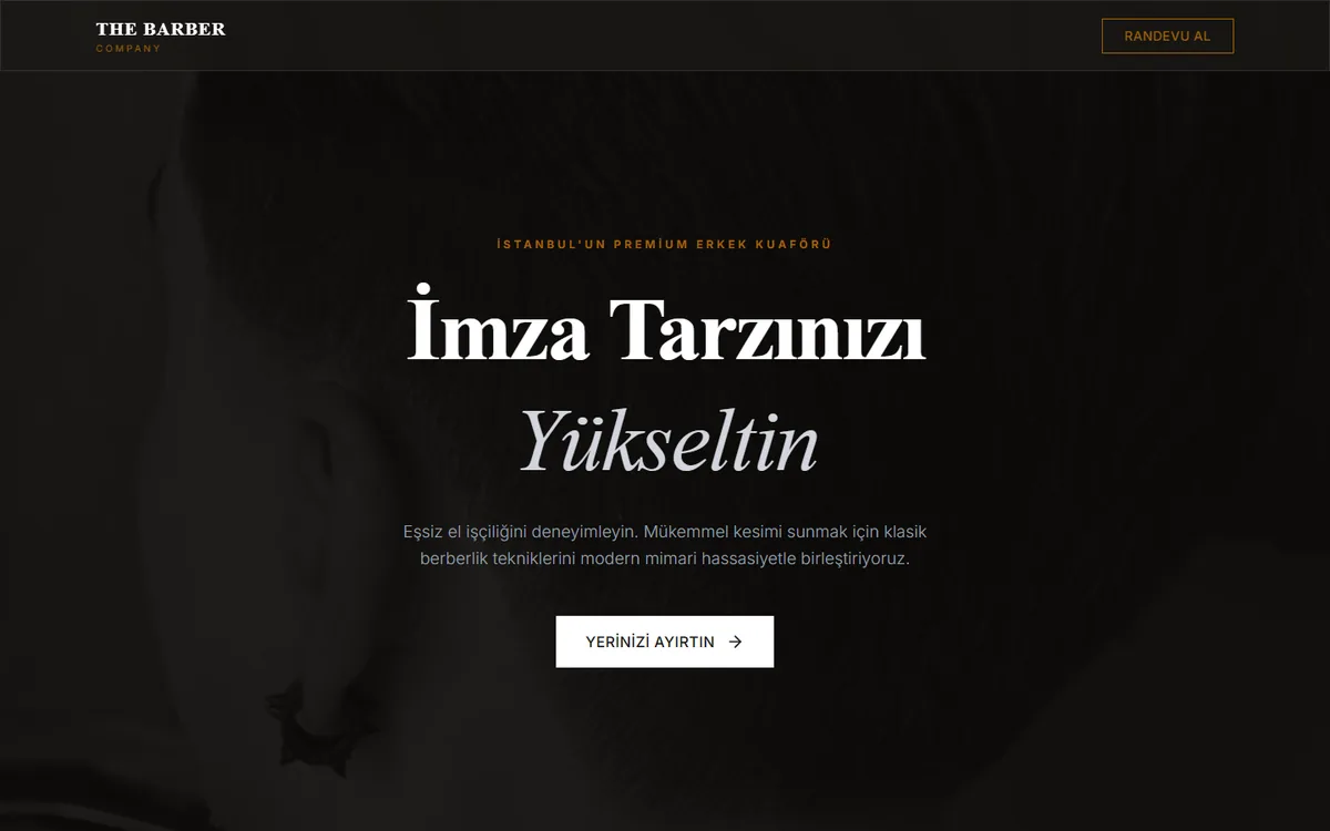 The Barber Company konsept sitesinin açılış ekranı