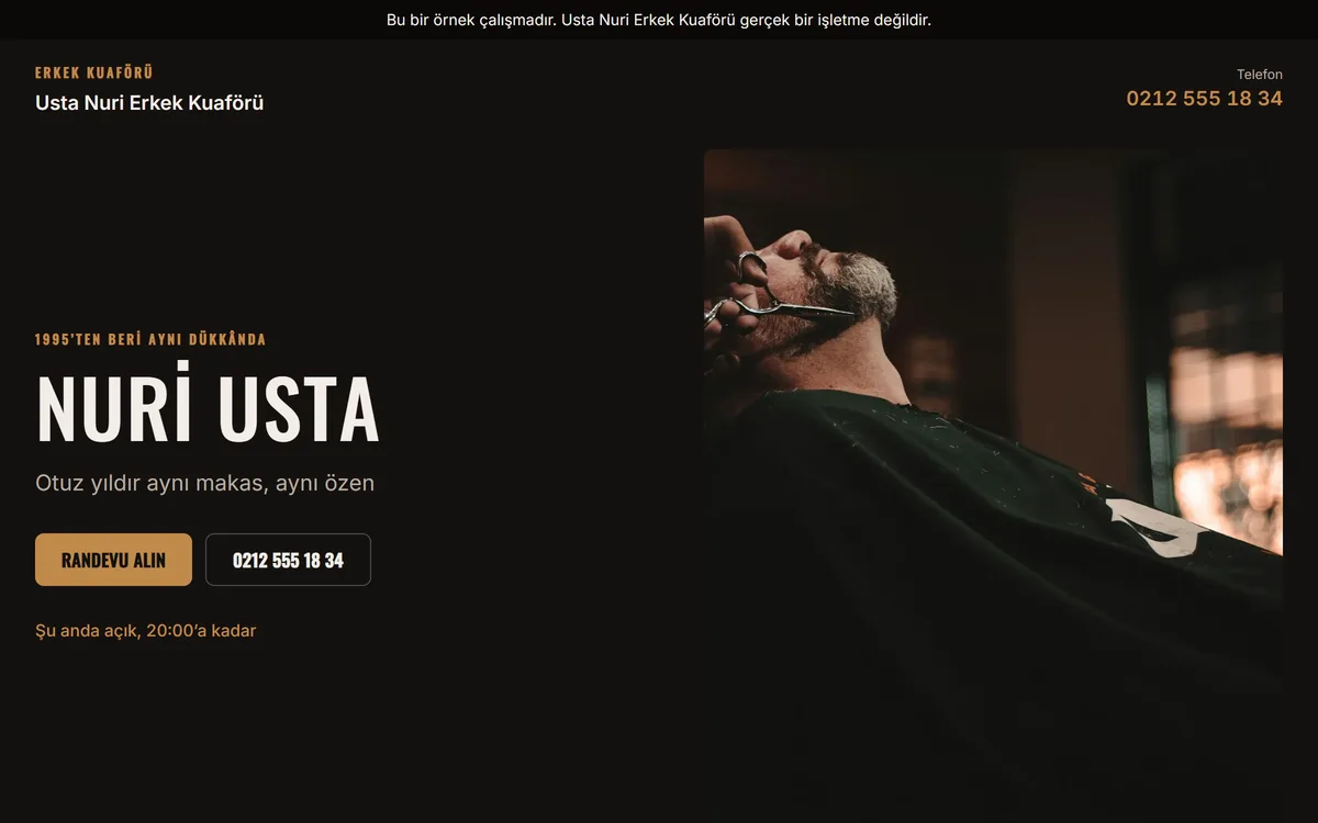 Usta Nuri Erkek Kuaförü konsept sitesinin açılış ekranı